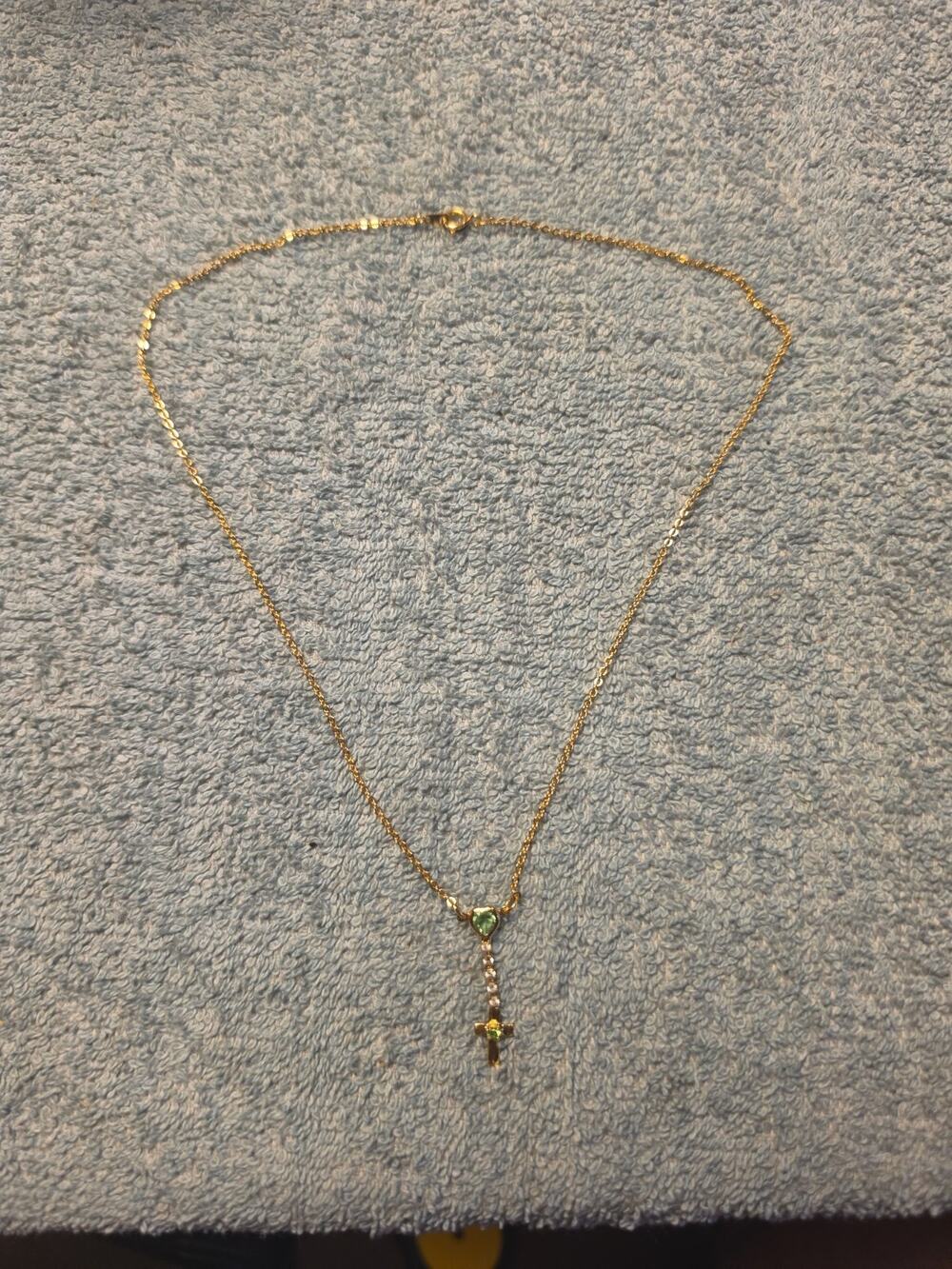Dainty Gold Cross Y Necklace Heart Green Crystal Stone Rosary Drop Pendant 18"